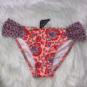 O'Neill Coral Pink Floral Bikini Bottoms with Teal Side Panels
